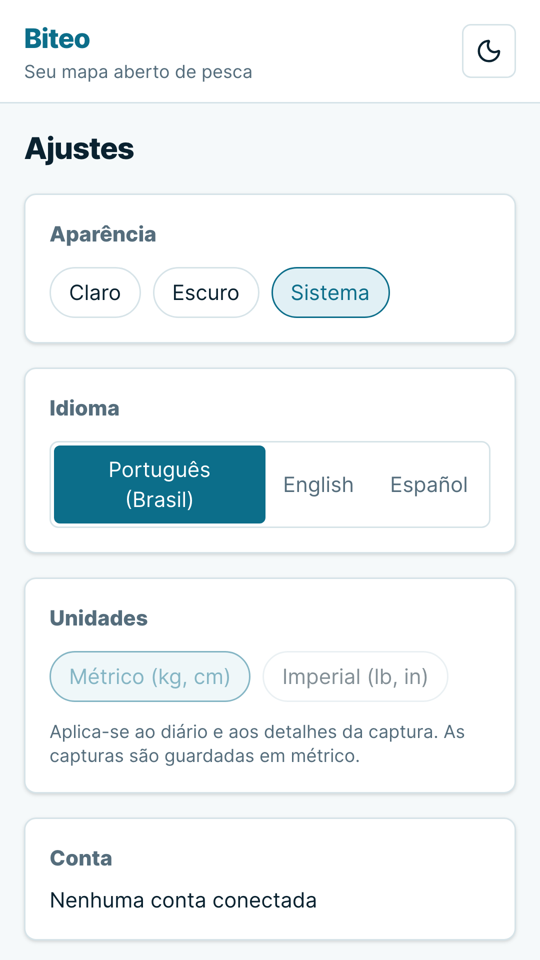 Ajustes de tema, idioma e unidades